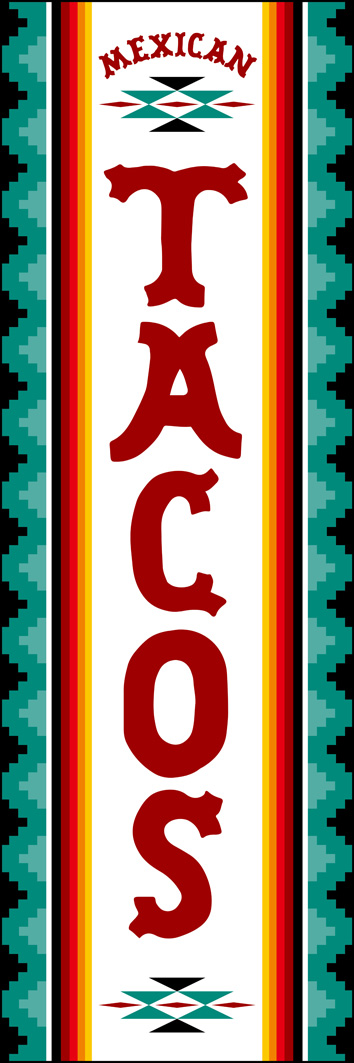 タコス 307_01 「TACOS（タコス）」のぼりです。ネイティブなオルティガ柄をイメージしたデザインで、本場メキシコの雰囲気を演出しました。（Y.M）